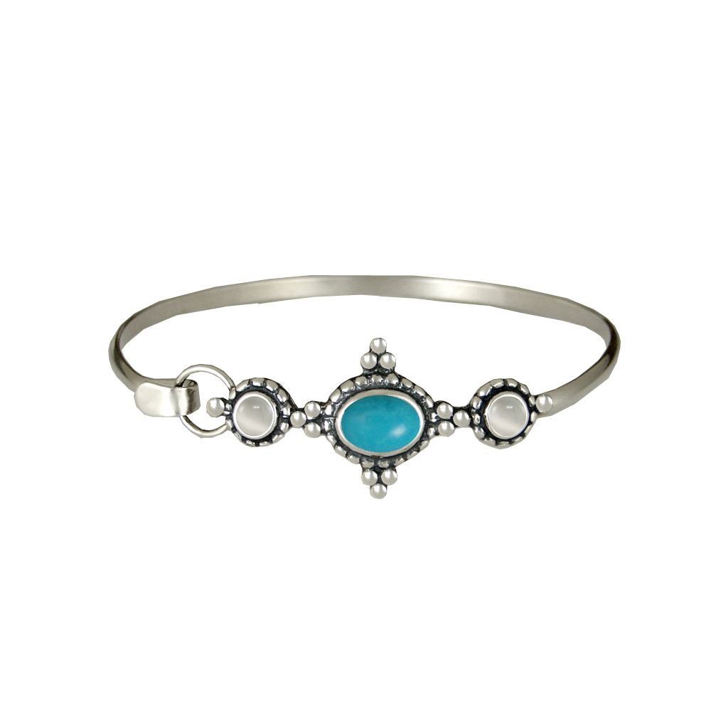Sterling Silver Gemstone Strap Latch Spring Hook Bangle Bracelet Turquoise And White Moonstone
